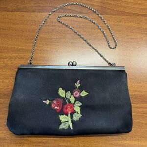 Black Embroidered Evening  Purse bag Chain Strap Vintage Esprit De Corp